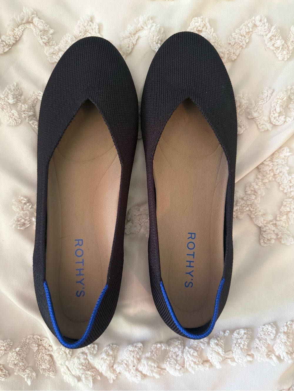 Rothy's Black Knit Ballet Flats with Blue Trim